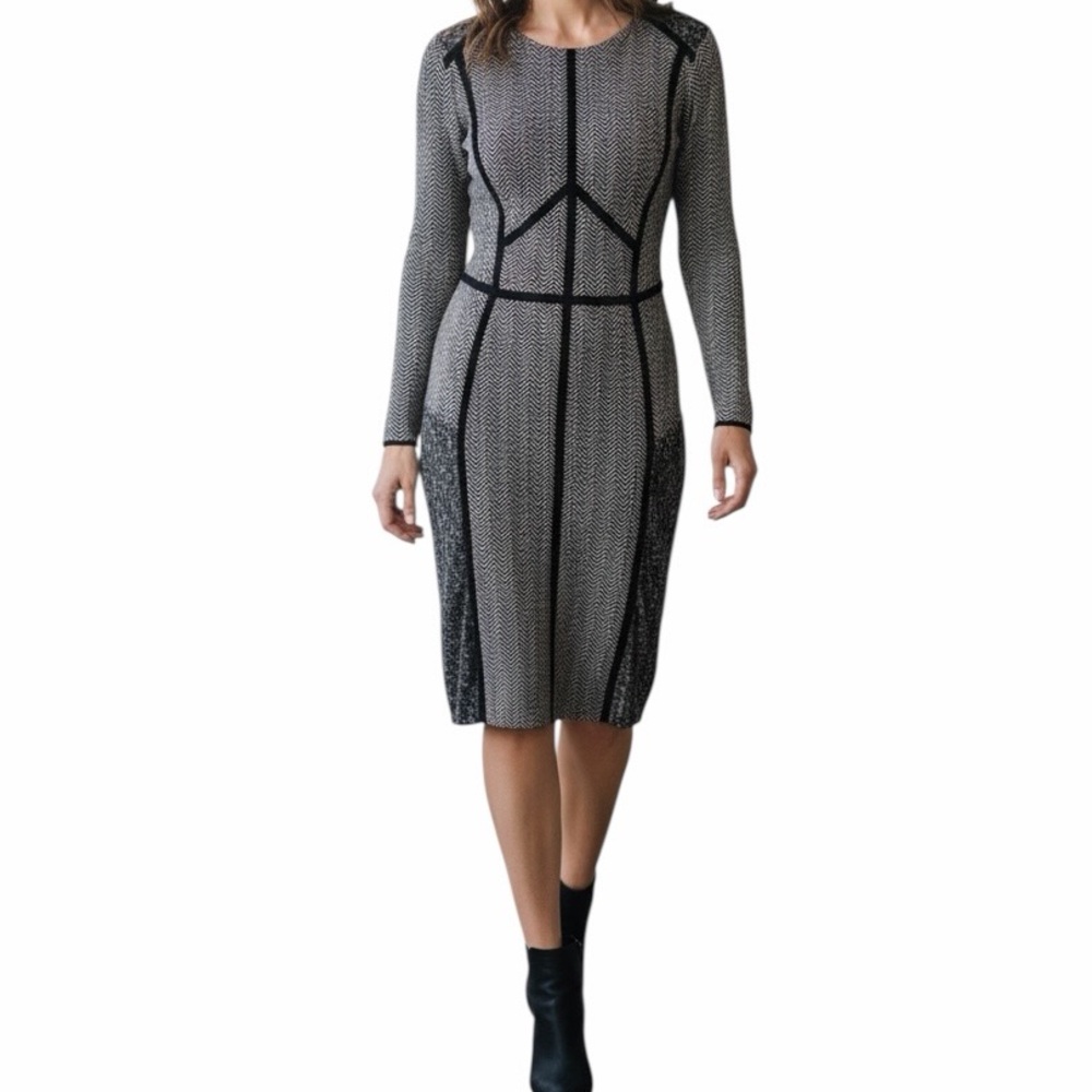 Ronen Chen Black/Cream Herringbone and Abstract Print Knit Sheath Dress 0(4)